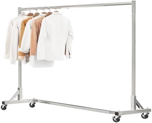 Simple Trending Industrial Grade Z Base 70in extra long Clothes Garment Rack, Commercial Grade Rolling Clothing Rack, Heavy Duty 600lb Load with Wheels, Chrome
