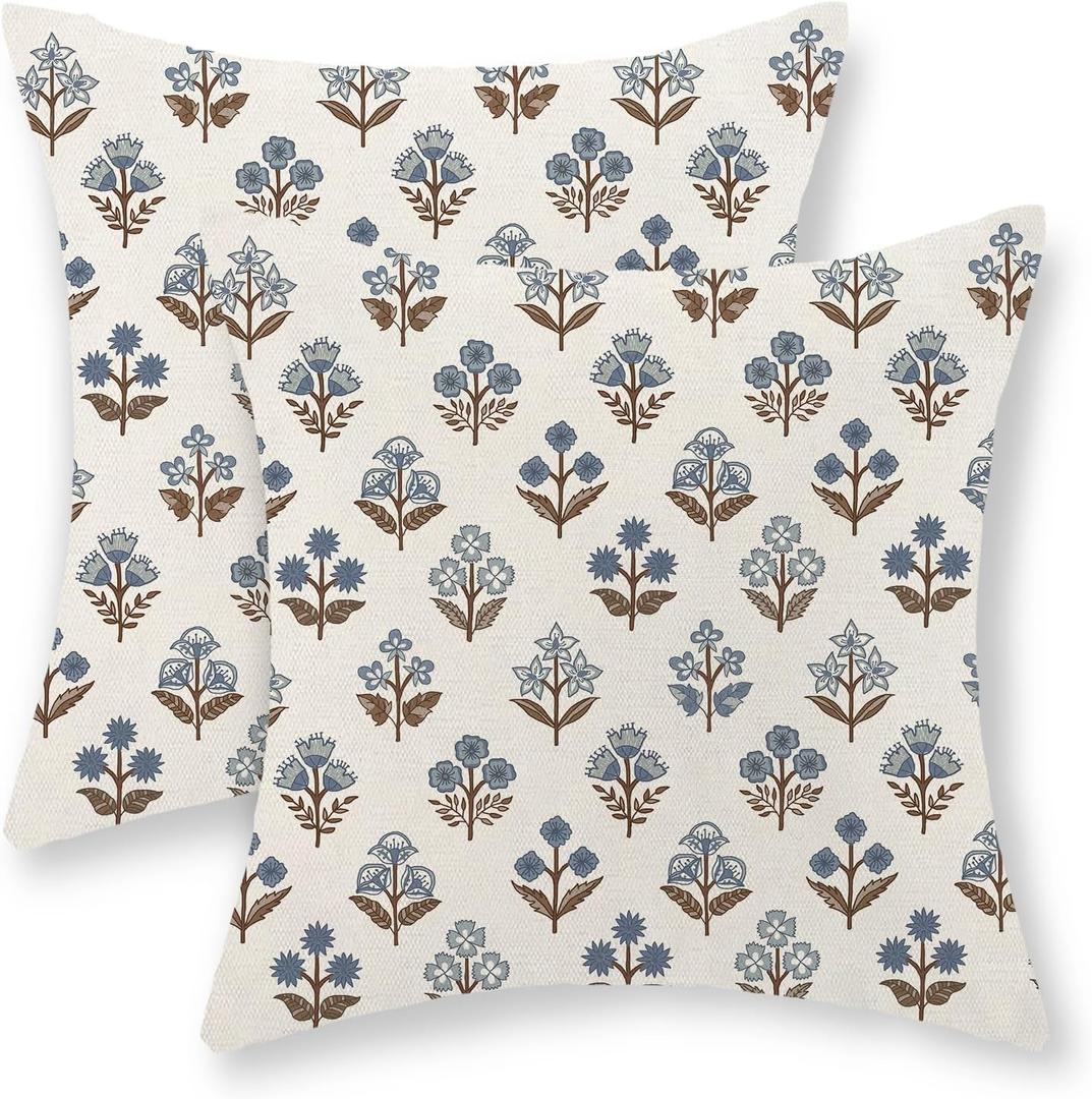 Brown Blue Pillow Covers 18x18 Set of 2 Boho Block Print Floral Pillow Cases Vintage Flower Pattern Decorative Throw Pillows Linen Outdoor Decor Farmhouse Cushion Cover for Couch Sofa Bed, Brown Blue Block Print Floral