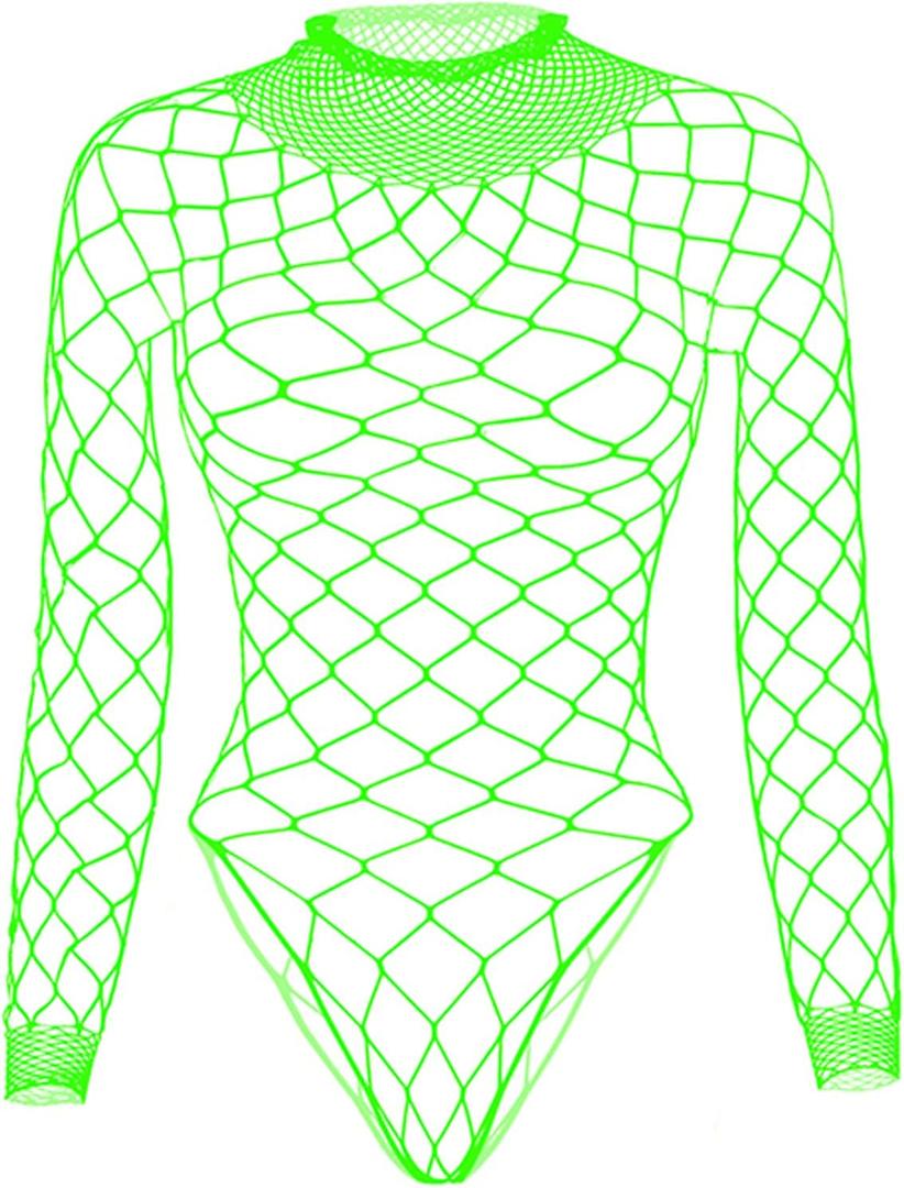 Fishnet Bodysuit Top for Women Stretch One Piece Long Sleeve Mesh Rave Romper Body Suit (Fluorescent Green)