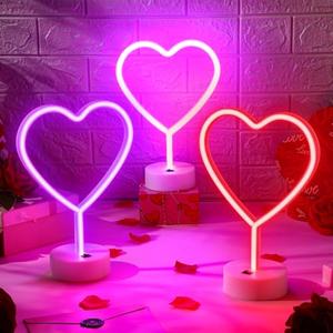 Retisee 3 Pcs LED Heart Neon Signs Pink Light 3-aa Battery Operated or USB Powered Lights with Holder Base Gift for Mother Day Wedding Decor(Pink Red Purple)