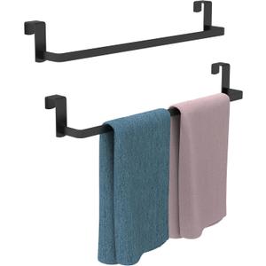 Over Cabinet Towel Rack, 2 Pack 14 Inch Over The Door Towel Bar Towel Hanger for Kitchen, Stainless Steel Over Cabinet Cupboard Kitchen Towel Holder, Foam Protective Mats(Black)