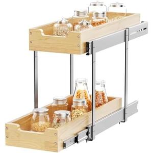 Sikarou Wood Pull Out Cabinet Organizer 2 Tie 9" W x 21" D, Heavy-Duty Sliding Drawers for Inside Cabinets Storage and Organization for Kitchen, Pantry, Bathroom