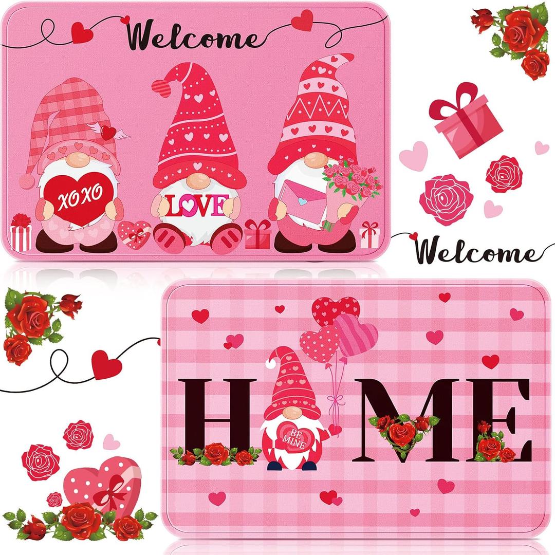 2 Pcs Valentine's Day Doormat Pink Heart Gnome Welcome Door Mats 15.75 x 23.62 Inch Washable Home Mat Cute Non Slip Entrance Bathroom Rug for Indoor Outdoor Home Kitchen Front Door Decorations