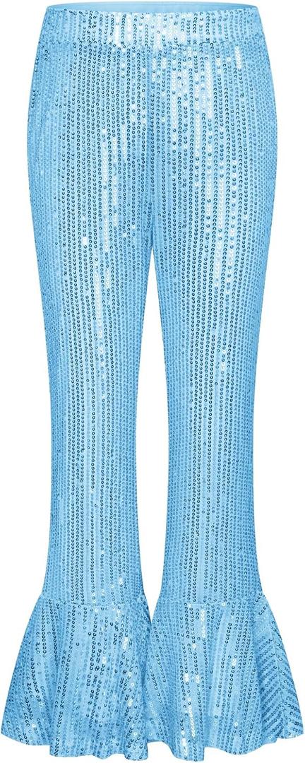 GRACE KARIN Girls Sequin Pants Sparke Trouser Glitter Dance Bell Bottoms (6-7 Years, Light Blue)