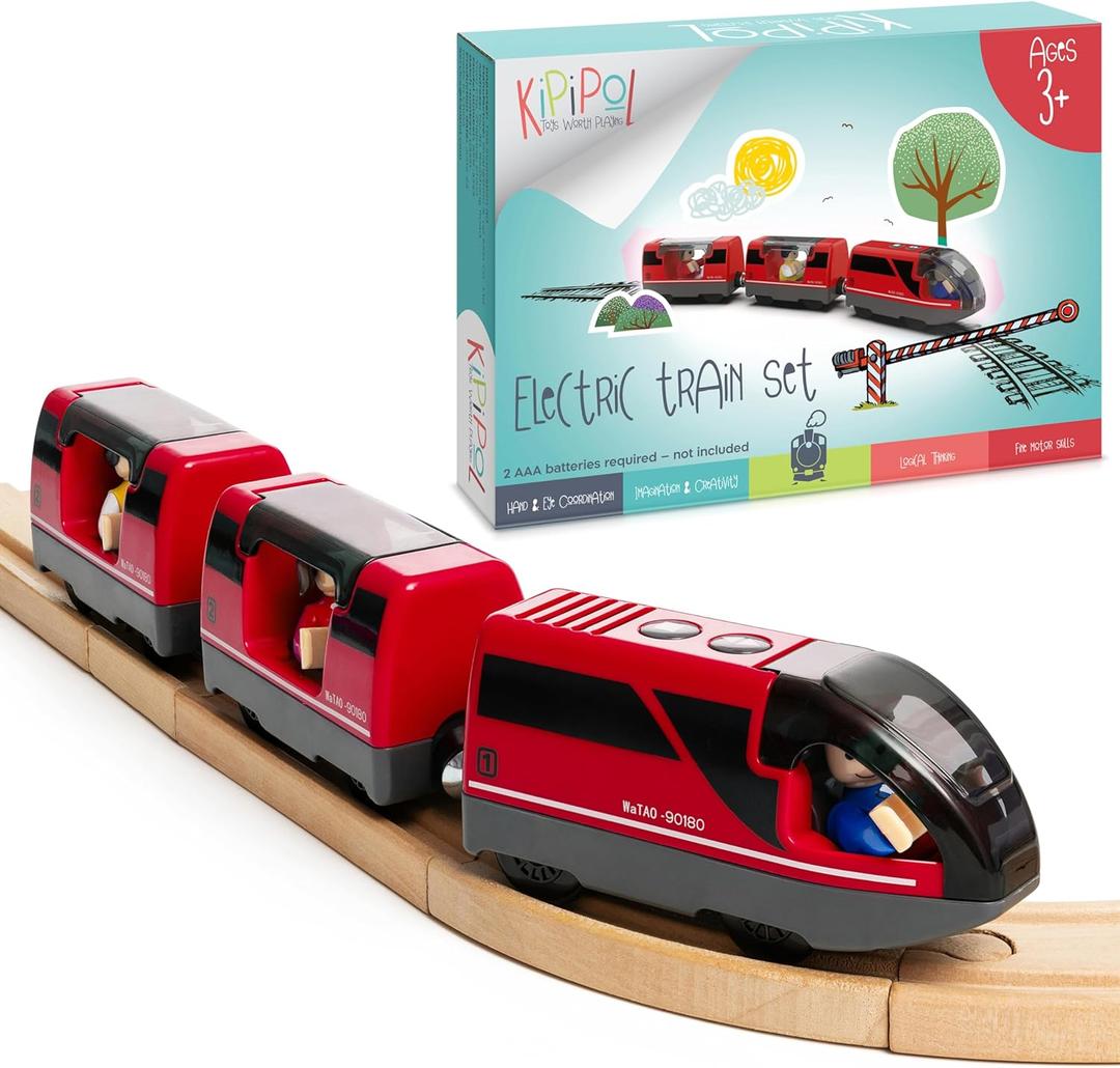 KipiPol Battery Operated Action Locomotive Toy Train Set for Wooden Tracks, (Magnetic)-Compatible with Thomas The Train Toys, Brio Tram Set for Toddlers 3-5 and up, Stocking Stuffers for Kids (Red)