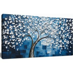 SSNEEKNDG Blue Tree of Life Wall Art for Bedroom White Flower Tree Large Artwork for Living Room Office Kitchen Modern Aesthetic Pictures Canvas Prints 20"x40"