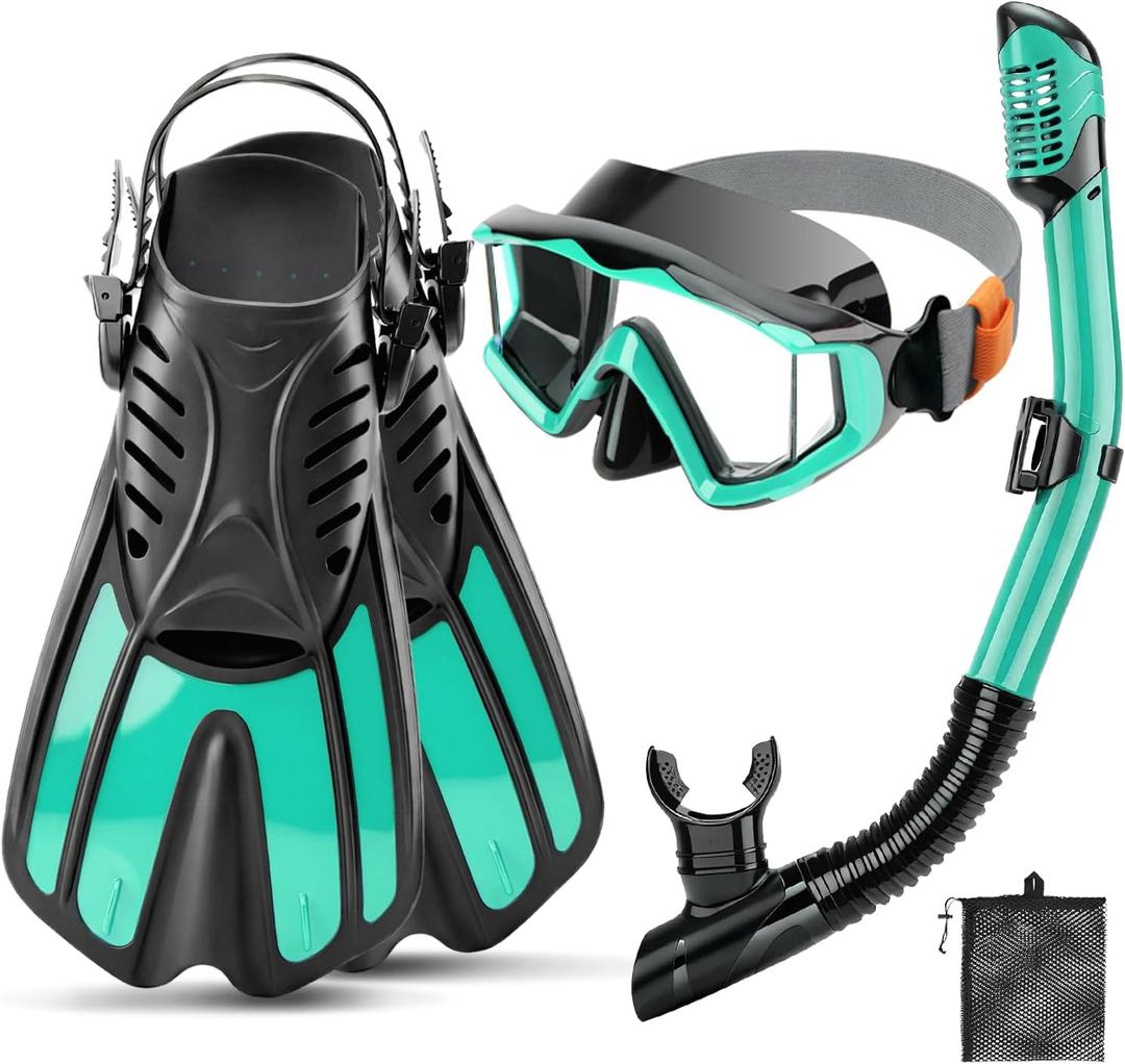 Snorkeling Gear for Kids Adults, 4 in 1 Snorkel Mask Fins Set with 3 Window Snorkel Mask, Dry Top Snorkel, Adjustable Short Fins and Mesh Bag, Anti-Leak & Anti-Fog Snorkel Gear for Snorkeling, Size: 36-41