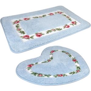 Bathroom Floor Mat 2-Piece Bathroom Absorbent Door mat Set Quick-Drying mat Toilet Non-Slip Carpet Mat Heart-Shaped and Rectangular Bath mat (2 Pieces, Sky Blue) (24.11" x 17.11"20." x 17.11")