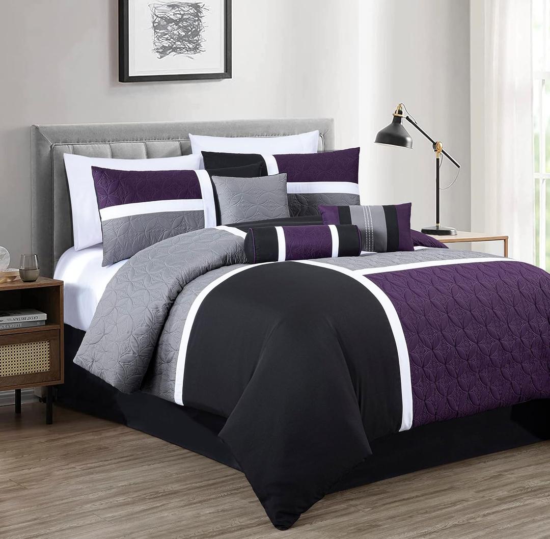 Chezmoi Collection Upland 7-Piece Quilted Patchwork Comforter Set, Purple/Black/Gray, Oversized King