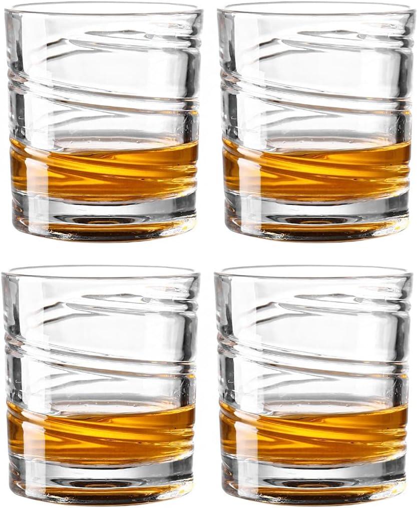 Crystal Whiskey Glasses Set of 4, 9.6 Fl oz Durable Rotating Rocks Glasses for Scotch, Bourbon,Cocktails Beer,Elegant Barware Gift (4, swirl pattern)