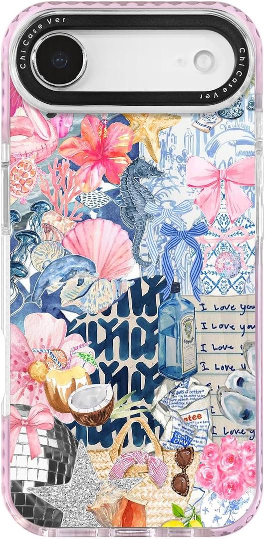 for iPhone Air Case,Coastal Romantic Y2K Seahorse & Hibiscus Art Collage Design Pattern AestheticMilitary-Grade Drop Protection,Ocean Theme Cover with Camera Protection for Girls Women