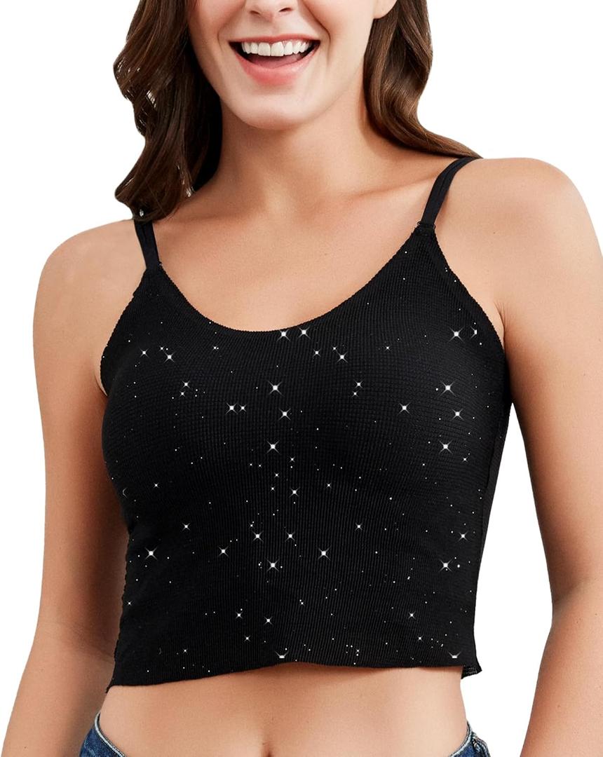 Camisole Tops Double-Layered Crop Top Slim Camisoles Adjustable Strap Tank Top with Built in Bra for Women (Large, Black)