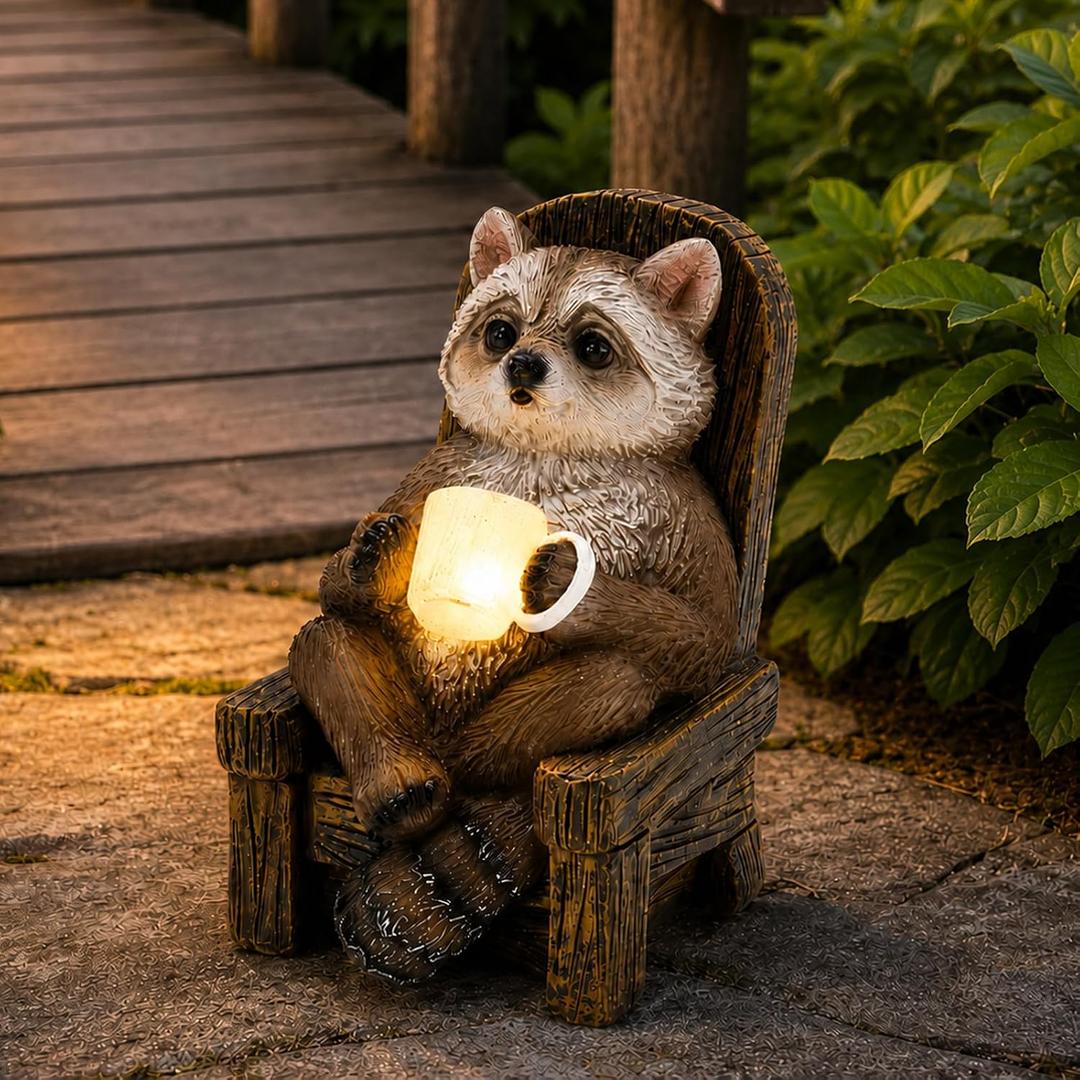 Solar Raccoon Fairy Garden Statue: Weatherproof Resin | Durable Outdoor Automatic Warm LED Light Lawn Porch Patio Statue Yard Decor - Whimsical Gifts for Mom Grandma
