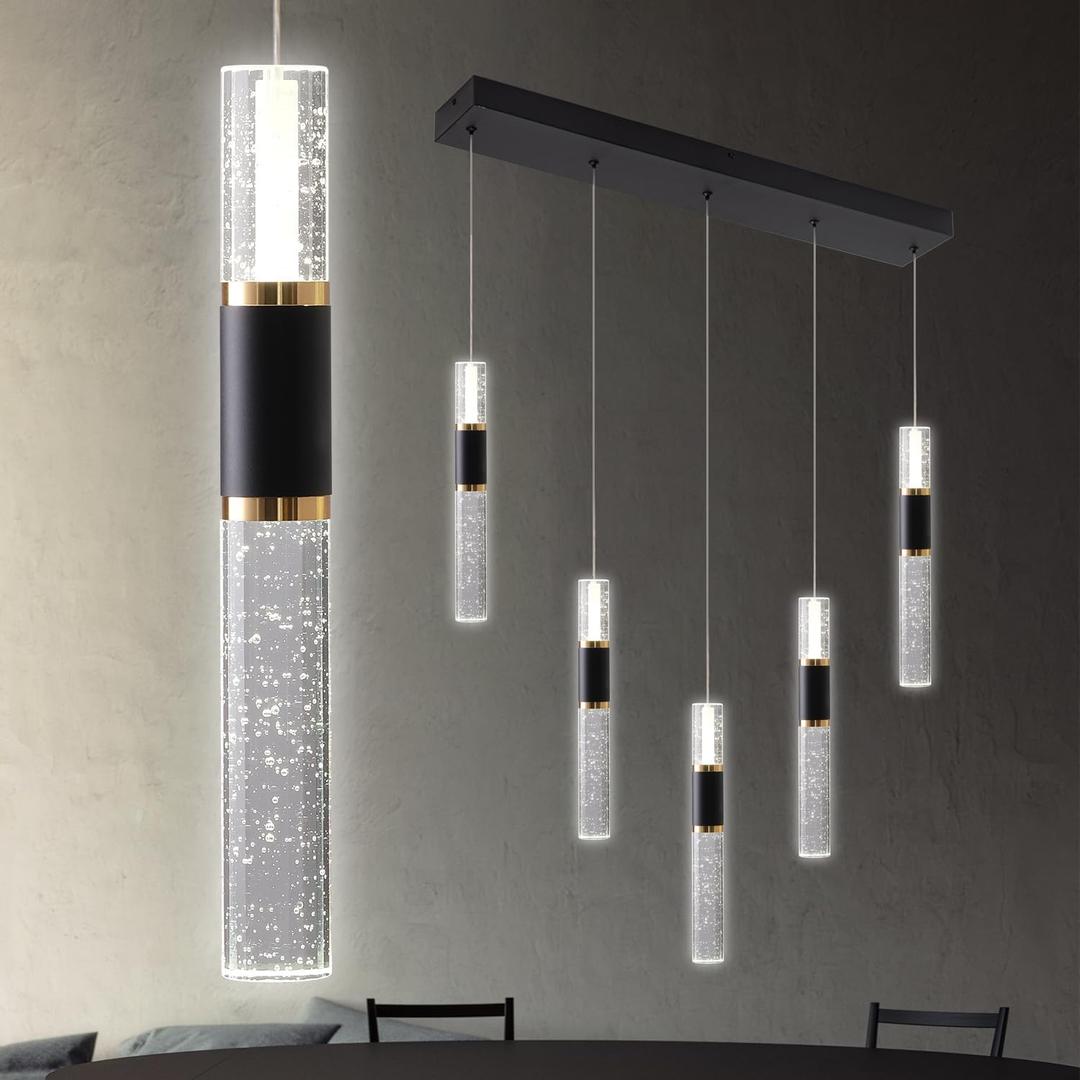5-Lights Led Chandelier, Black and Gold Crystal Modern Led Chandelier for Dining Room, Luxury Dimmable Enterway Led Pendant Lights Fixture with Remote Control Flush Mount, 5c-Light