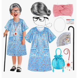 Old Lady Costume for Kids Girls, 100 Days of School Costume for Girls 100th Day of School, Granny Grandma Dress Up Nightgown, Wig, Cane, Glasses, handbag, Play Money Accessories Outfit for Kids