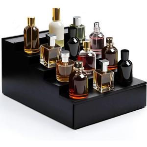 Topnotch Timber Set of Solid Wood 5-Tier Cologne Organizer & Vanity Tray | Large Capacity, Sturdy No-Bow, Matte Black | Hidden Watch & Jewelry Drawer | Elevate His Dcor - Gift for Him