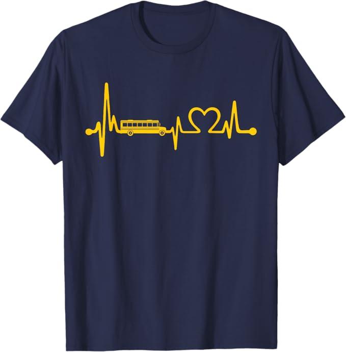 Funny School Bus Driver Gift | Love School Bus Heartbeat T-Shirt (Small)