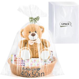 12PCS Extra Large Cellophane Bags 40x50 Inch Clear Gift Bags Cellophane Wrap for Gift Baskets Graduation Gifts Stuffers Baby Shower Wedding Beach Party favor Birthday 2.5 Mil Thick