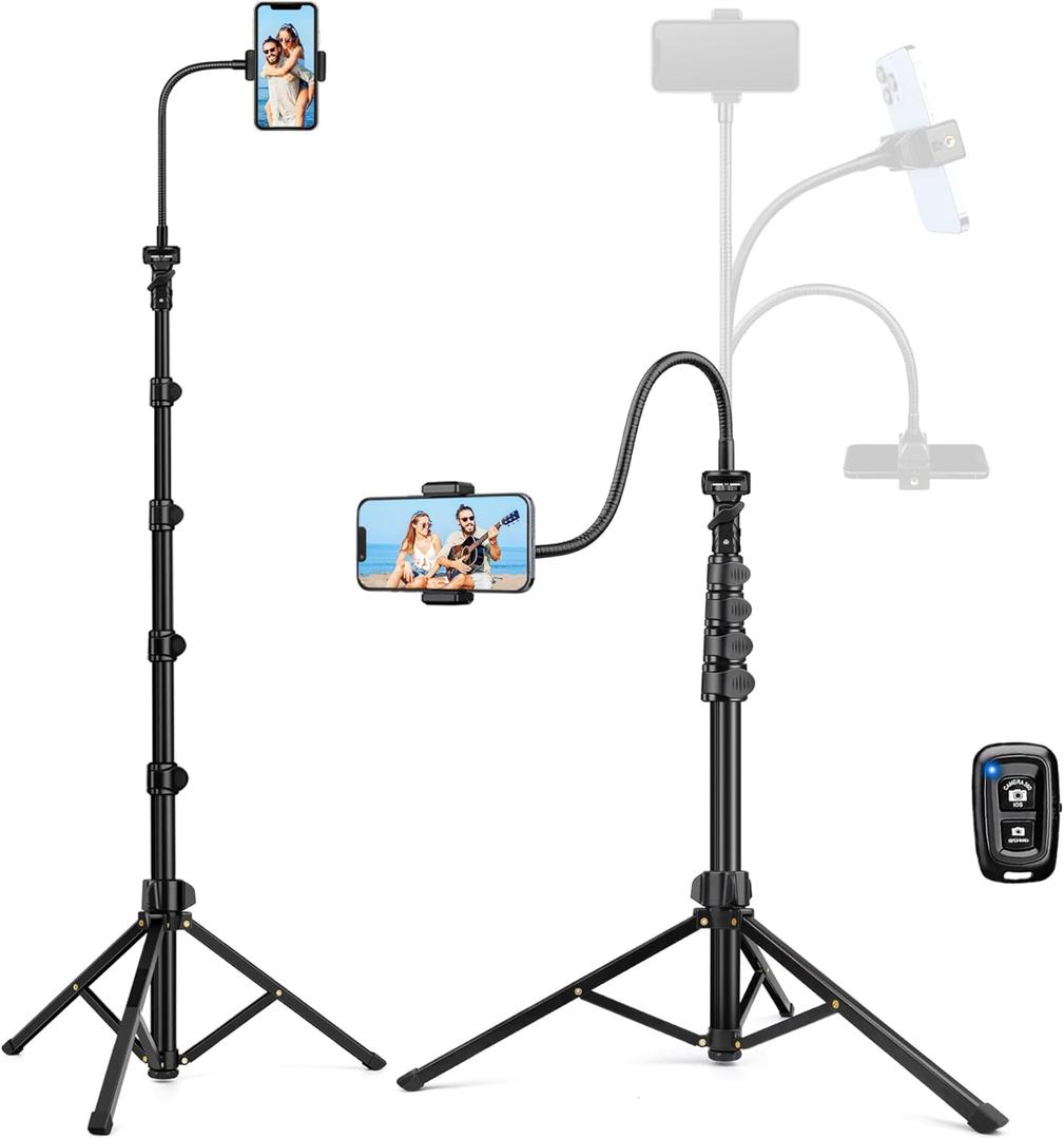 Phone Tripod Stand, 85" Tall Cellphone Tripod for iPhone with Gooseneck Remote, Flexible Portable Phone Stand for Recording, Compatible with iPhone 14 13 12 pro Android Camera (Black)