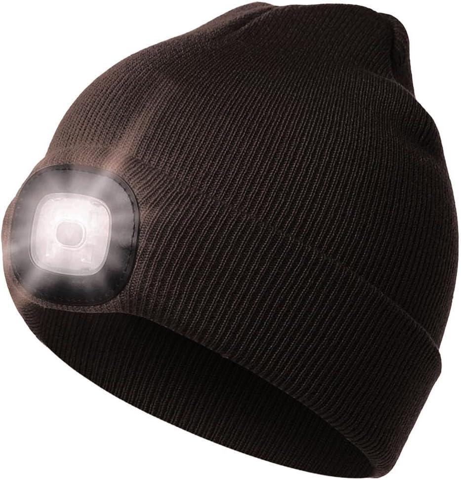 LED Beanie Hat with Light, Headlamp Beanie Cap Unisex Winter Warm Knit Night Light Hat, Knit Beanie Gifts for Men Women Kid (Coffee)