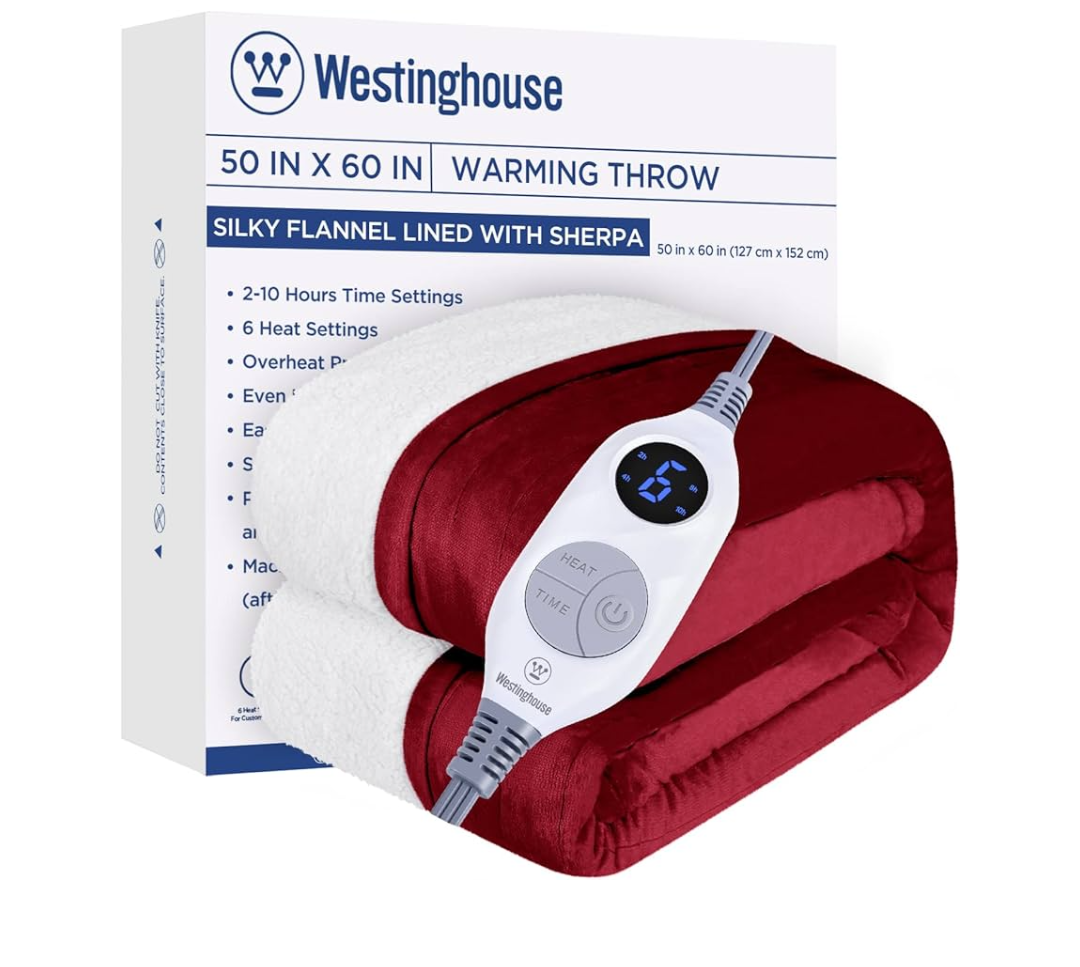 Westinghouse Heated Throw Blanket, Electric Blanket Throw with 6 Heating Levels and 2-10 Hours Time Settings, Flannel to Sherpa Super Cozy Heated Blanket Machine Washable, 50x60 inch, Red