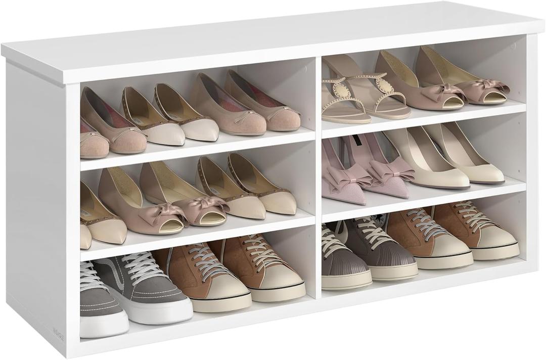 VASAGLE Shoe Bench, Storage Bench, 6 Compartments, Adjustable Shelves, for Living Room, Entryway, Dorm, 11.6 x 39.4 x 19.7 Inches, Cloud White ULSB036W01