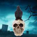 Halloween Raven On Skull Decoration Gothic Crow On Skull Statue, Bird Perching On Skeleton Figurine