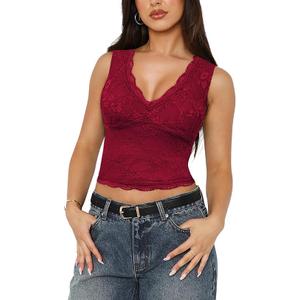 Summer Lace Tank Top Sexy Tunic V Neck Sleeveless Double Lined Going Out Tops for Women M