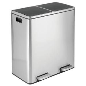 mDesign Metal Steel 16 Gallon/60-Liter, Dual Compartment Step Trash Can; Double Bin Trash Can/Recycler Combo for Kitchen; Holds Garbage, Recycling; Features Two Removable Liner Buckets, Brushed Chrome
