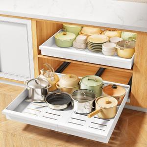 Pull out Cabinet Organizer, 2-Pack Expandable(13.6"-24") Slide out Drawers with Raising Pad for Framed Cabinets, Adjustable Full-Extension Adhesive Roll out Shelves for Kitchen Pantry Home Pot and Pan (White)