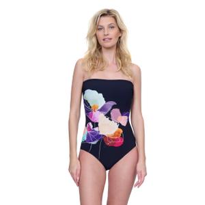 Gottex Enchanted Sun Women's Floral Multi Bandeau One Piece Swimsuit with Soft Cups and Tummy Control Adjustable Straps, 10