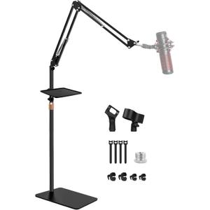 BILIONE Microphone Stand with Weighted Base, Mic Floor Stand Boom Arm with Mic Accessory Tray, Microphone Clip Holder, 3/8" to 5/8" Screw Adapter, Cable Ties