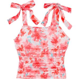 SOLY HUX Girl's Floral Tank Tops Bow Tie Shoulder Sleeveless Ruched Summer Crop Tops (Orange)