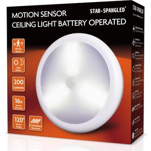 STAR-SPANGLED 6.3 Motion Sensor Ceiling Light Indoor AA or D-Cell Battery Operated for Hallway, Stairs, Basement, Garage, Laundry Area, Closet, Natural White, AA to D Battery Adapters Included
