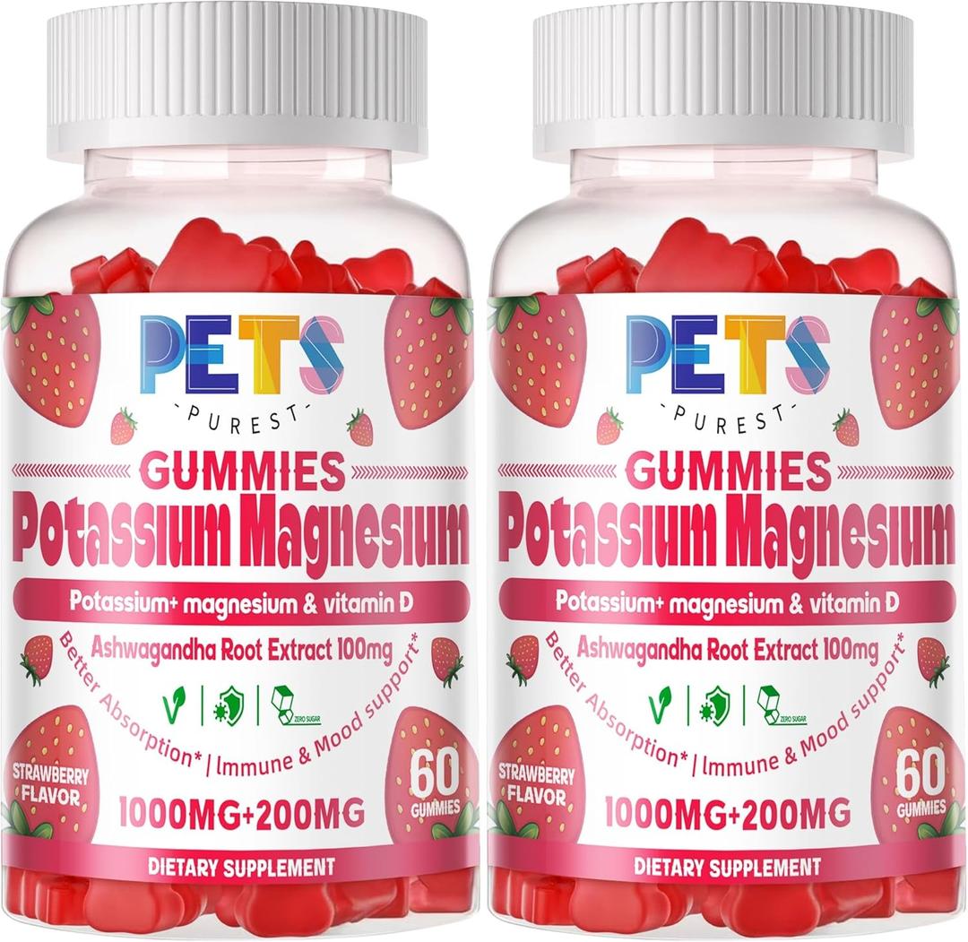 2 x Potassium Magnesium Gummies - High Absorption Magnesium Glycinate & Potassium Citrate Plus Omega 3, B6, D3, K2 & Calcium - Chewable Gummy for Leg Cramps, Immunity & Energy Strawberry 120 Gummies
