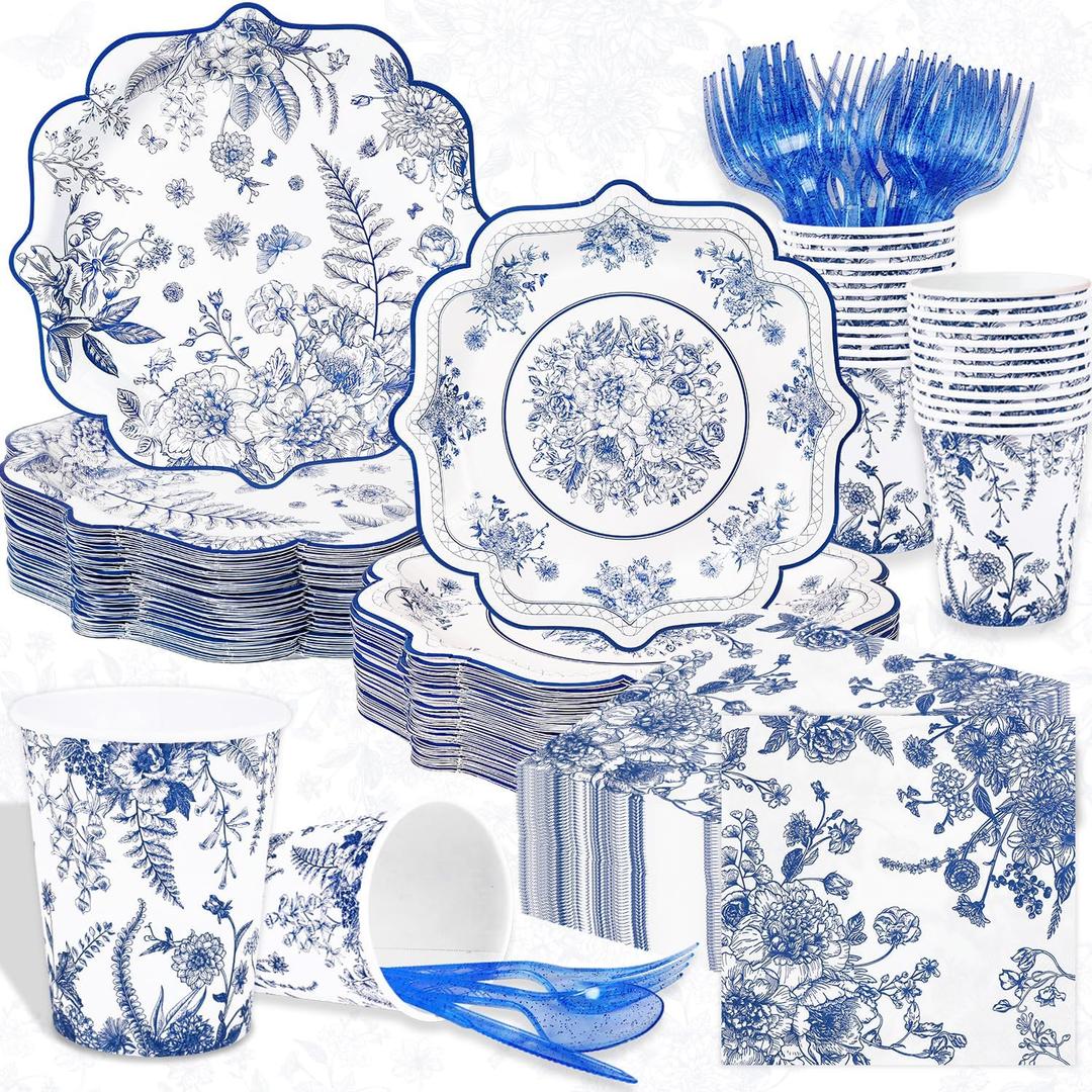 400Pcs Blue & White Floral Party Supplies 7" 9 Inch Disposable Elegant Paper Plates With Scalloped Rims Napkin Cups Chinoiserie Vintage Flower Tableware Set for Wedding Engagement Baby Shower