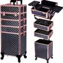TOPACK Professional 4-In-1 Rolling Makeup Train Case, Large Makeup Travel Case with Key Shoulder Strap/Handle Cushion I Makeup Train Case I Makeup Nail Cart I Cosmetology Case on Wheels(Black Glod)
