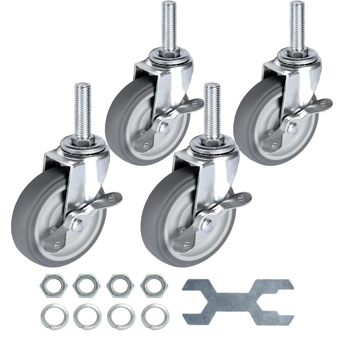 Finnhomy Caster Wheels 3 Inch Set of 4 Heavy Duty Threaded Stem Casters 1/2"-13x1-1/2 Swivel Rubber Industrial Castors Locking Wheels for Wire Shelving/Furniture/Carts Load Bearing 720 Lbs Gray