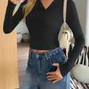 Fisoew Womens Long Sleeve Crop Tops Casual Button Down Shirts Slim Fit Y2k Going Out Ribbed Knit Shirts (Black)