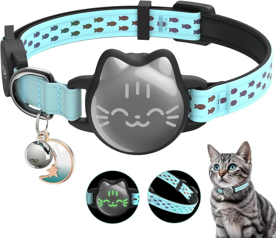 Waterproof Airtag Cat Collar, Breakaway Cat Airtag Collar with Luminous & Reflective Pattern Strap, Lightweight Kitten Collars for Apple Air tag, Hidden Holder for GPS Tracker - Cats, Kittens (9-13") (Mint Green)