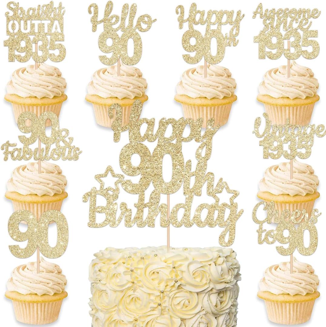 2 x 90th Cake Topper with Cupcake Toppers for 90th Birthday Decorations for Women 25Pcs Gold Glitter Cake Cupcake Birthday Party Decorations