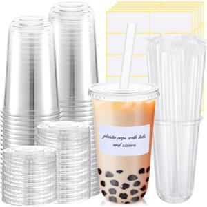 Ziliny 50 Sets Crystal Plastic Clear Cups with Lids, Straws and Stickers, Disposable Iced Coffee Cups Thickened PET for Iced Coffee, Bubble BobaTea, Smoothie, Cold Drinks, Juice, Shops (18 oz)
