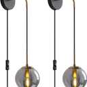 Wall Sconces Set of Two Black and Brass Gold Plug in Wall Sconces Set of 2 with Globe Smoke Grey Glass Shade Wall Lights Wall Lamps for Bedrooms Sconces Wall Decor Set of 2 with Plug in Cord