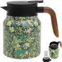 1000ml Vintage Floral Pattern Tea, Thermal Tea Pot with Handle and Built in Infuser, Stainless Steel Insulated Tea Kettle, Vacuum Coffee Carafe, Flower Pattern Insulated Infuser Pot(Green)