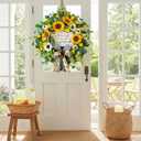 Spring Wreaths for Front Door 24 Inch Handmade Spring Summer Wreath with Artificial Sunflowers,Welcome Message Sign & Elegant Bow and White Yellow Daisy Wildflowers for Home,Porch&Gift Giving