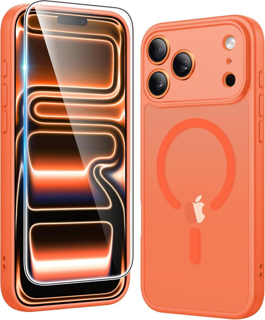 FNTCASE for iPhone 17 Pro-Max Case: Matte Magnetic Phone Cases with Screen Protector Compatible with Magsafe Slim Anti Yellowing Rugged Shockproof Protective Translucent Cell Cover (C-Orange)