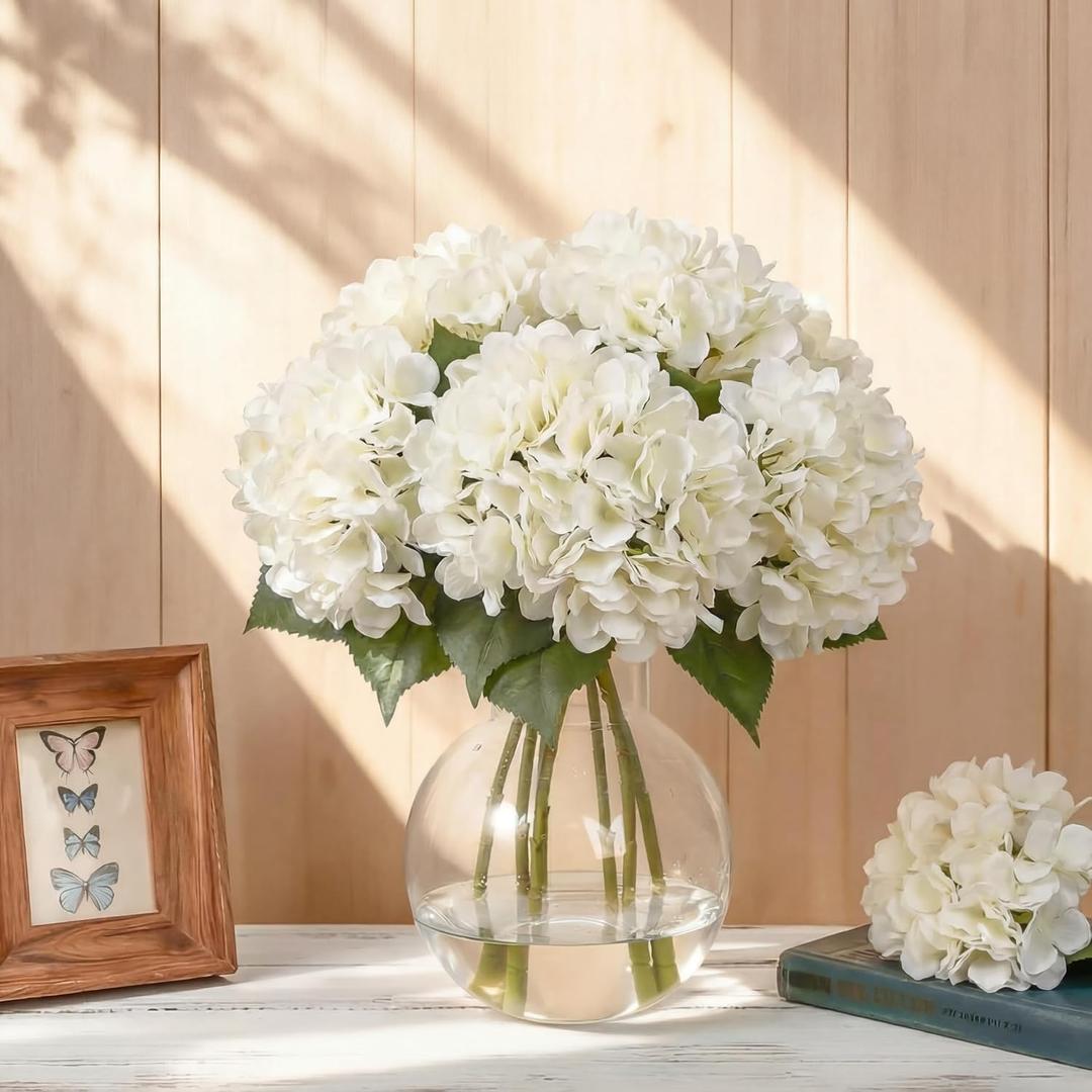 Suncalla 8 Pcs Ivory Hydrangea Artificial Flowers 18 Inch Valentines Faux Hydrangea Flowers with Stems Fake Bouquet Bulk Realistic Floral for Spring Summer Wedding Home Table Indoor Decoration