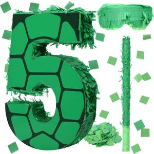 Gemscream Number 5 Cartoon Turtle Theme Piata Set 13.7 x 9.8 x 1.9 Inch Green Turtle Piata with Blindfold Stick and Confetti for Kids Boys Girls Animal Birthday Decoration Supplies Game Props