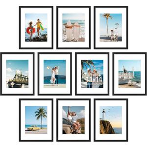 decorUhome 11x14 Picture Frame Set of 10, Display Photos 8x10 with Mat or 11x14 Unmatted for Picture Frames Collage Wall Decor, Black
