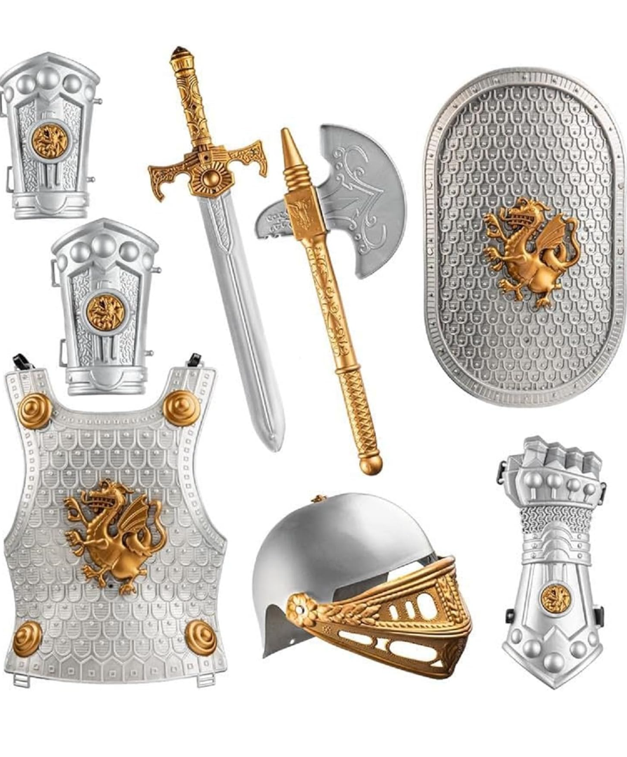 Dress Up America - Kids Knight Armor Costume Set – Medieval Role Play with Shield, Helmet, Sword & Accessories – Royal Dress-Up for Boys Ages 3–10